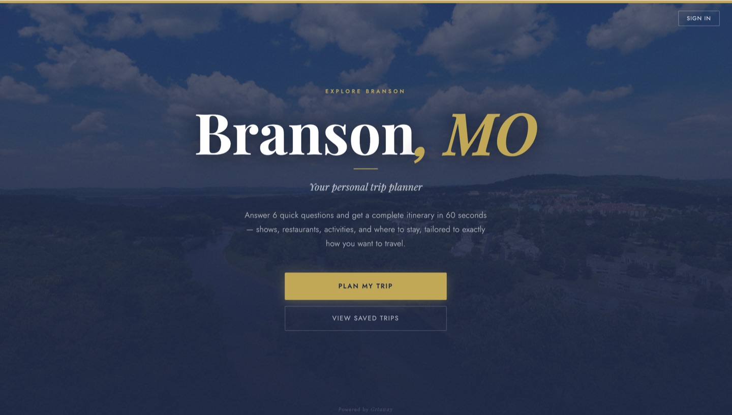 Getaway white-label AI trip planner homepage branded for Branson, Missouri
