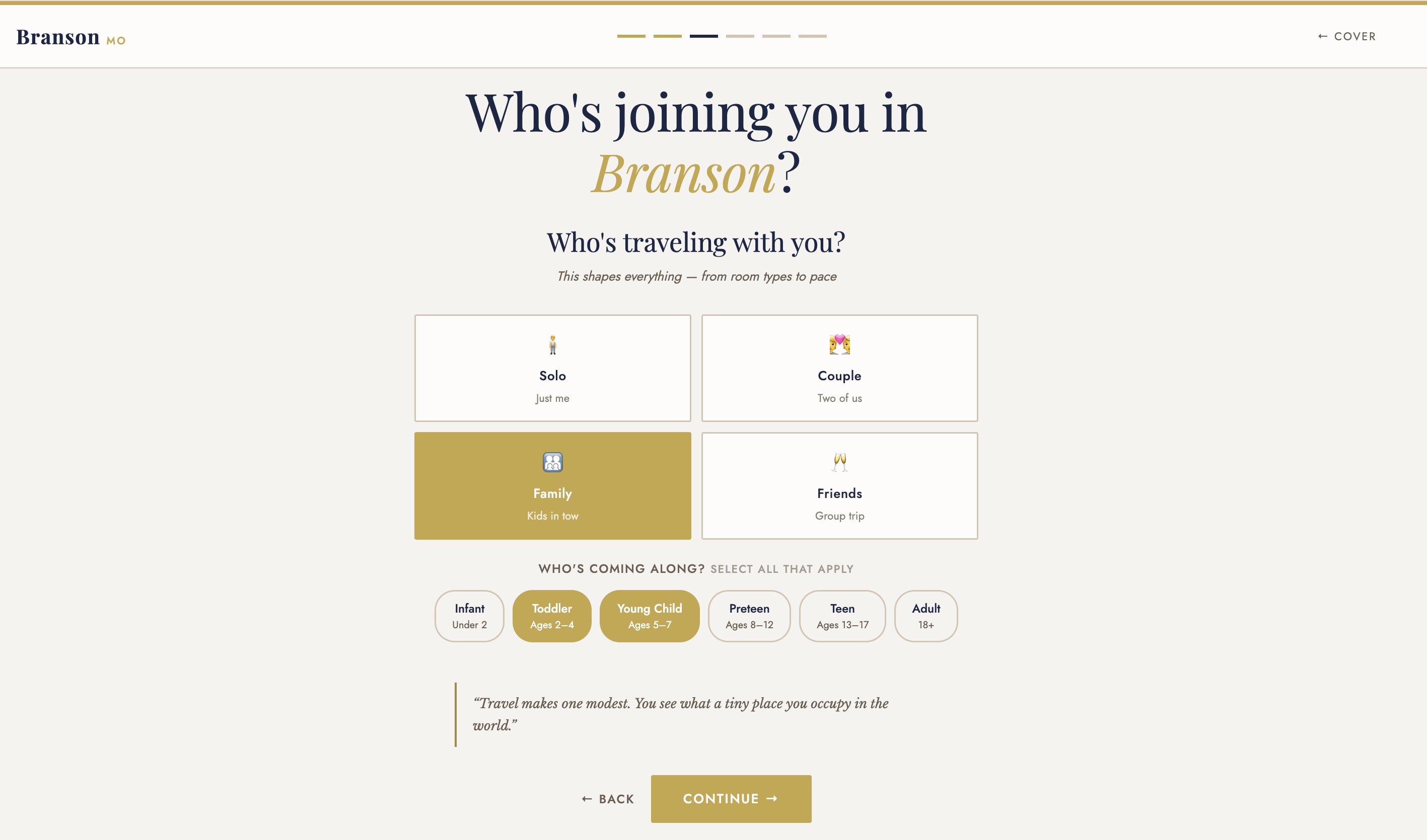 Travel group question with Solo, Couple, Family, and Friends options